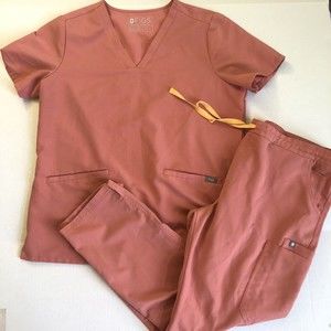 FIGS Scrubs Set Size Large Casma Top & Large Petite Yola Skinny Pants Hot Coral